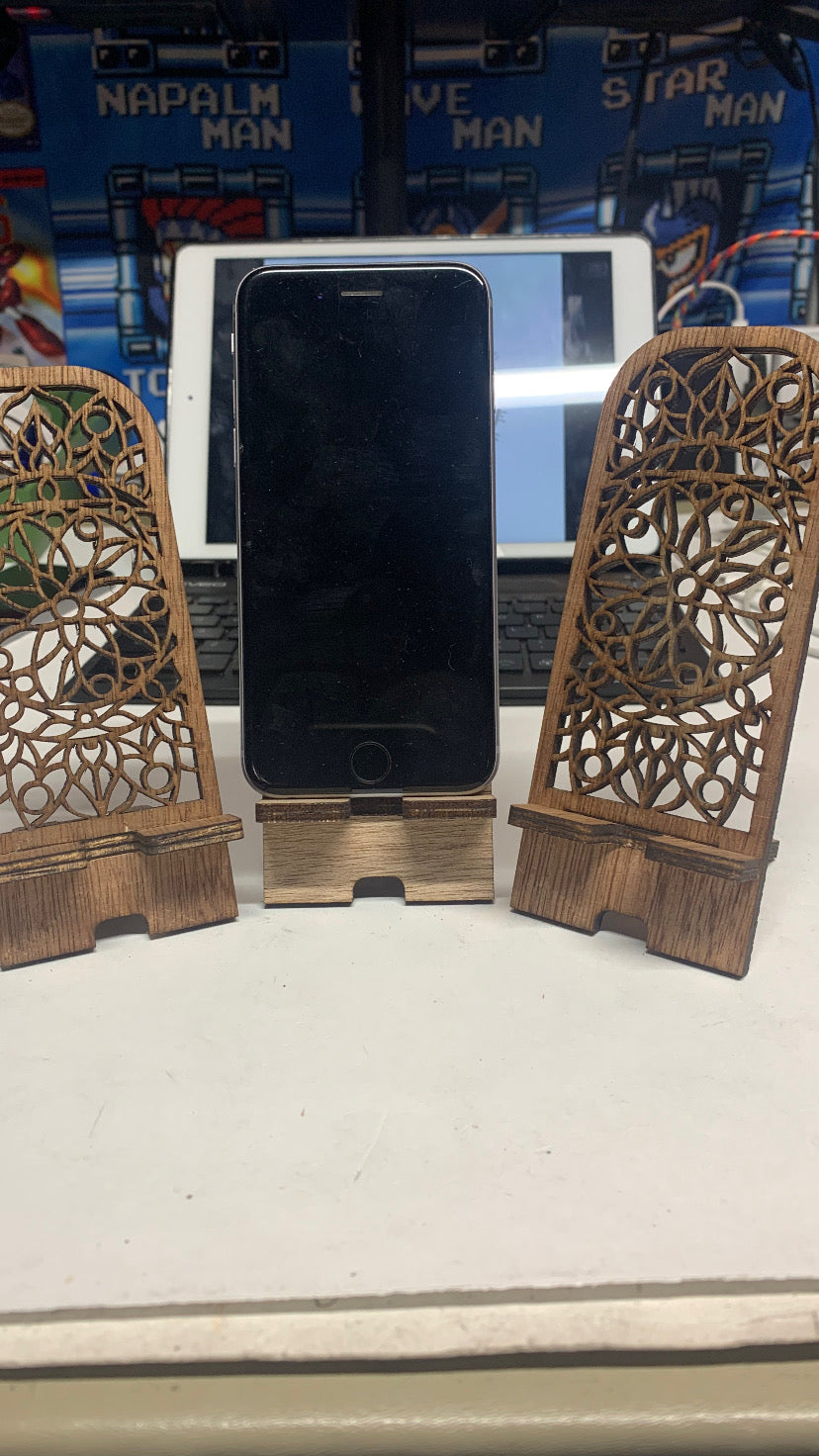 Laser engraved Phone rest.  Wood