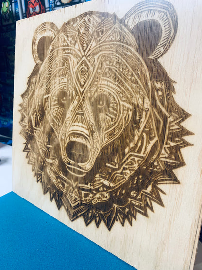 Intricate Bear Laser Engraved Wall Decor 12” x 12”